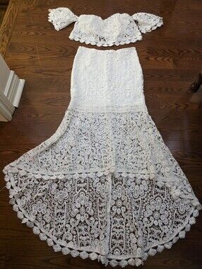 FA White Crochet Lace Two-Piece Set